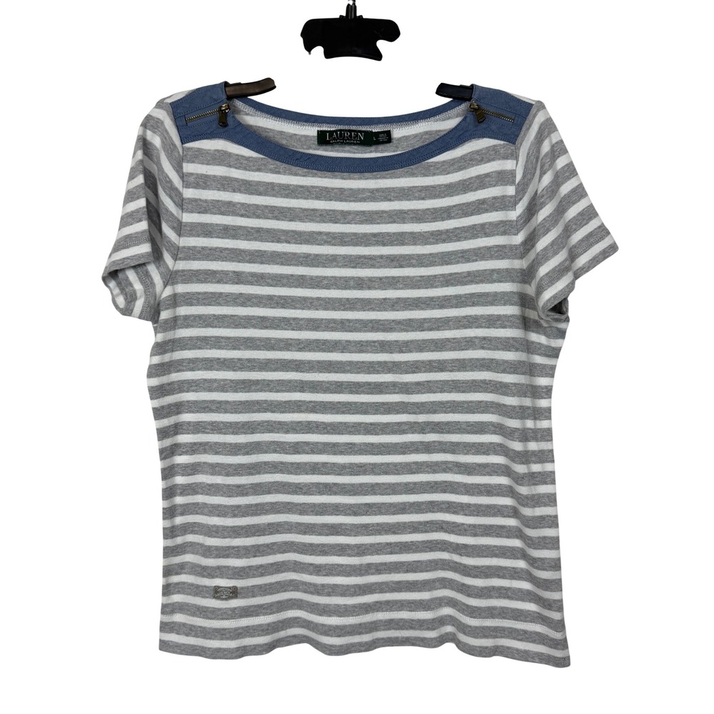 Lauren Ralph Lauren Womens 100% Cotton Top Large Grey Stripe Zipper Shoulder